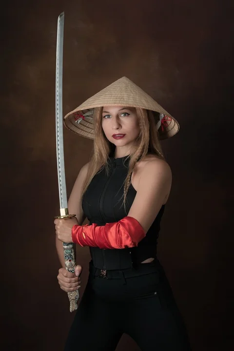 woman, samurai, hat, sword