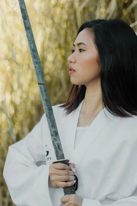 sword, woman, portrait, outdoors