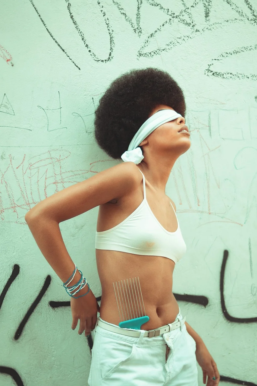 blindfolded, woman, model, portrait