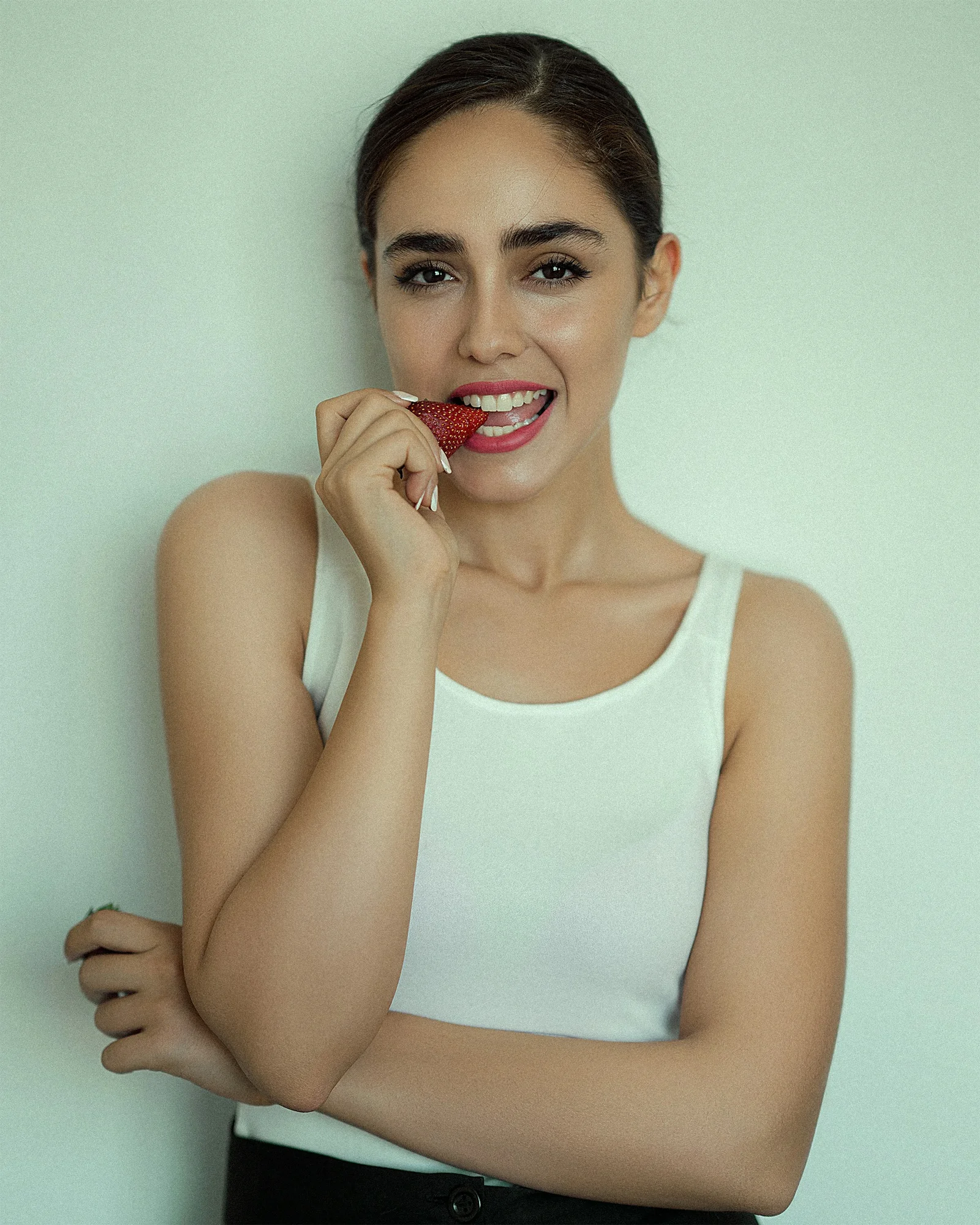 a woman with a red lipstick