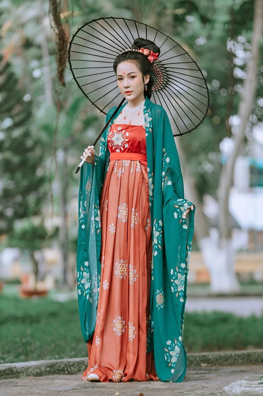 fashion, woman, chinese dress, parasol