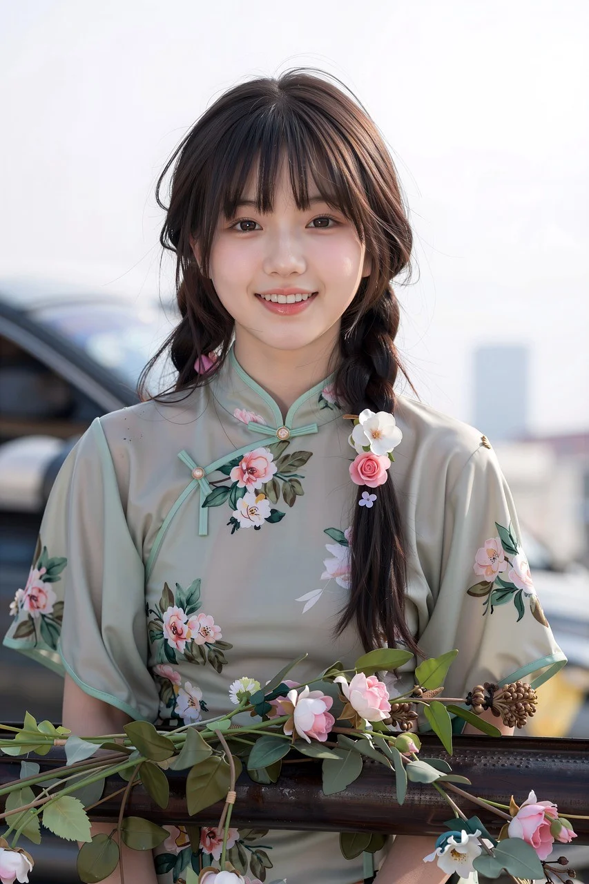woman, traditional dress, floral dress, smiling