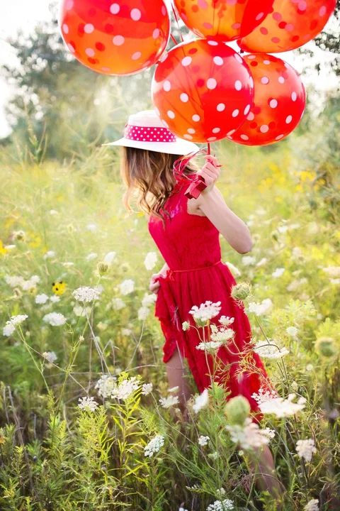 young woman, pretty, red, balloons