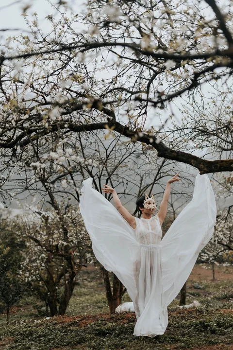 woman, flowers, trees, cherry