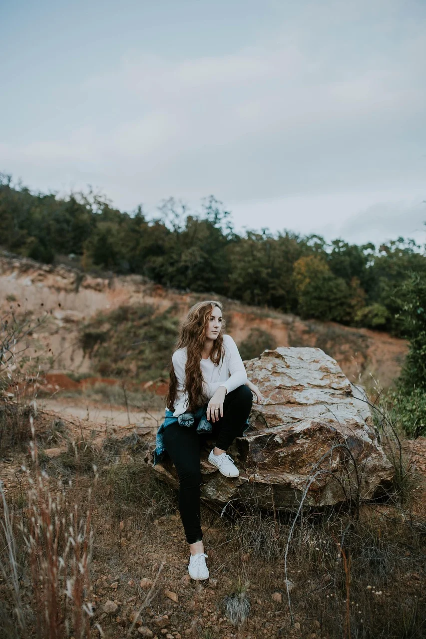 beautiful, boulder, girl, grass