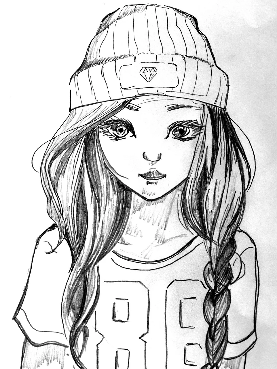 girl, cap, t-shirt, line drawing