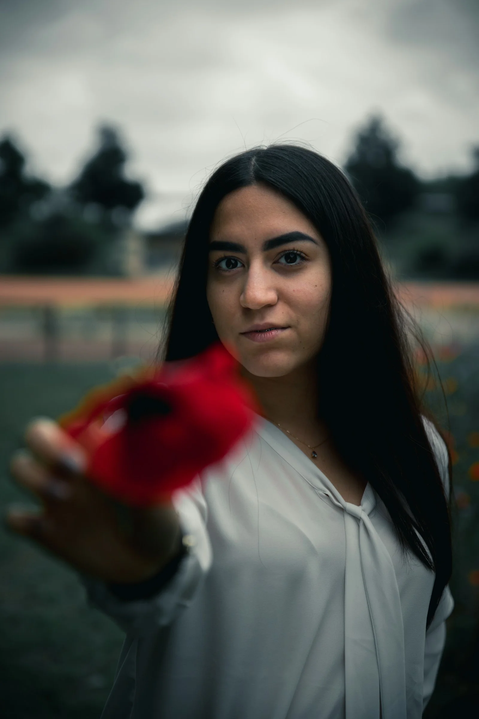 woman in white dress shirt holding red rose