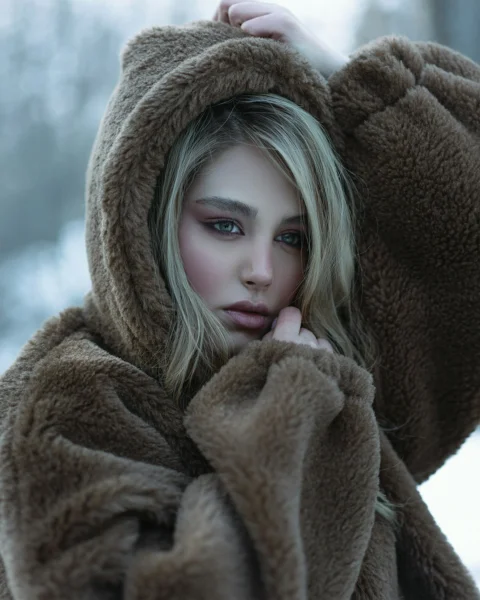 フード付きジャケットを着た女性が写真のためにポーズをとっている