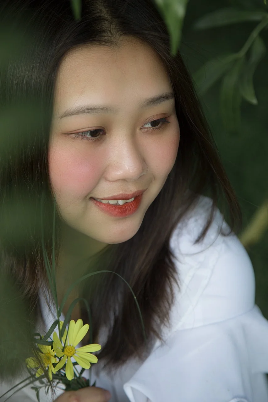 亞洲女子, 菊花, 肖像, 花
