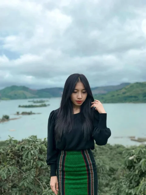 mountain, woman, river, portrait