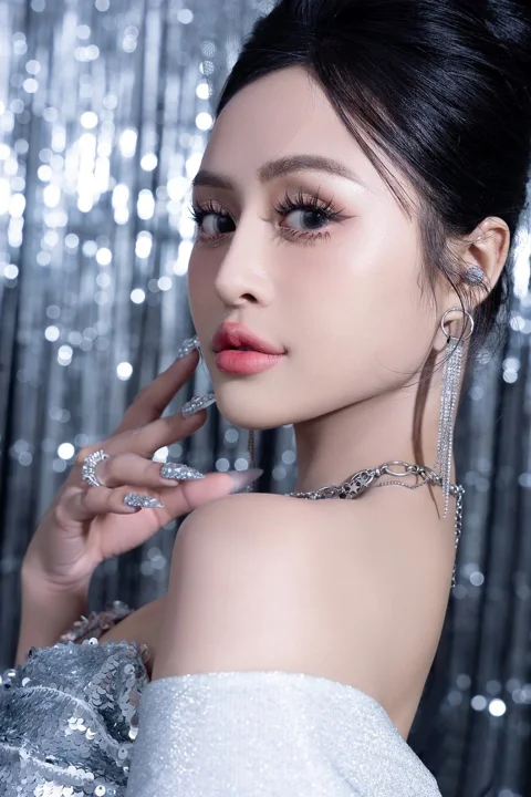 woman, dress, silver, shiny