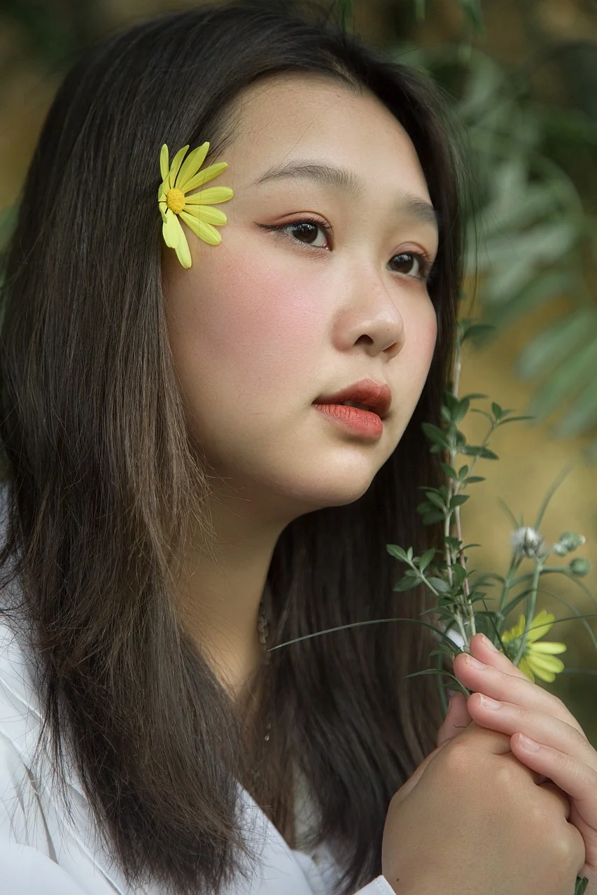 亞洲女人, 菊花, 肖像, 花