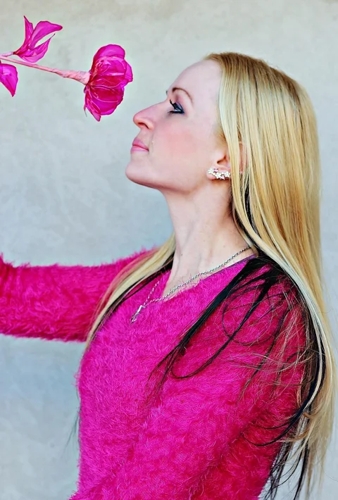 blonde woman, pink, rose, beauty