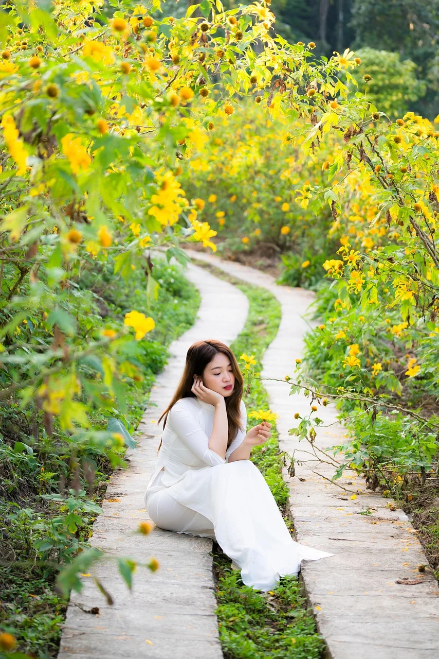 woman, flower garden, bloom, people