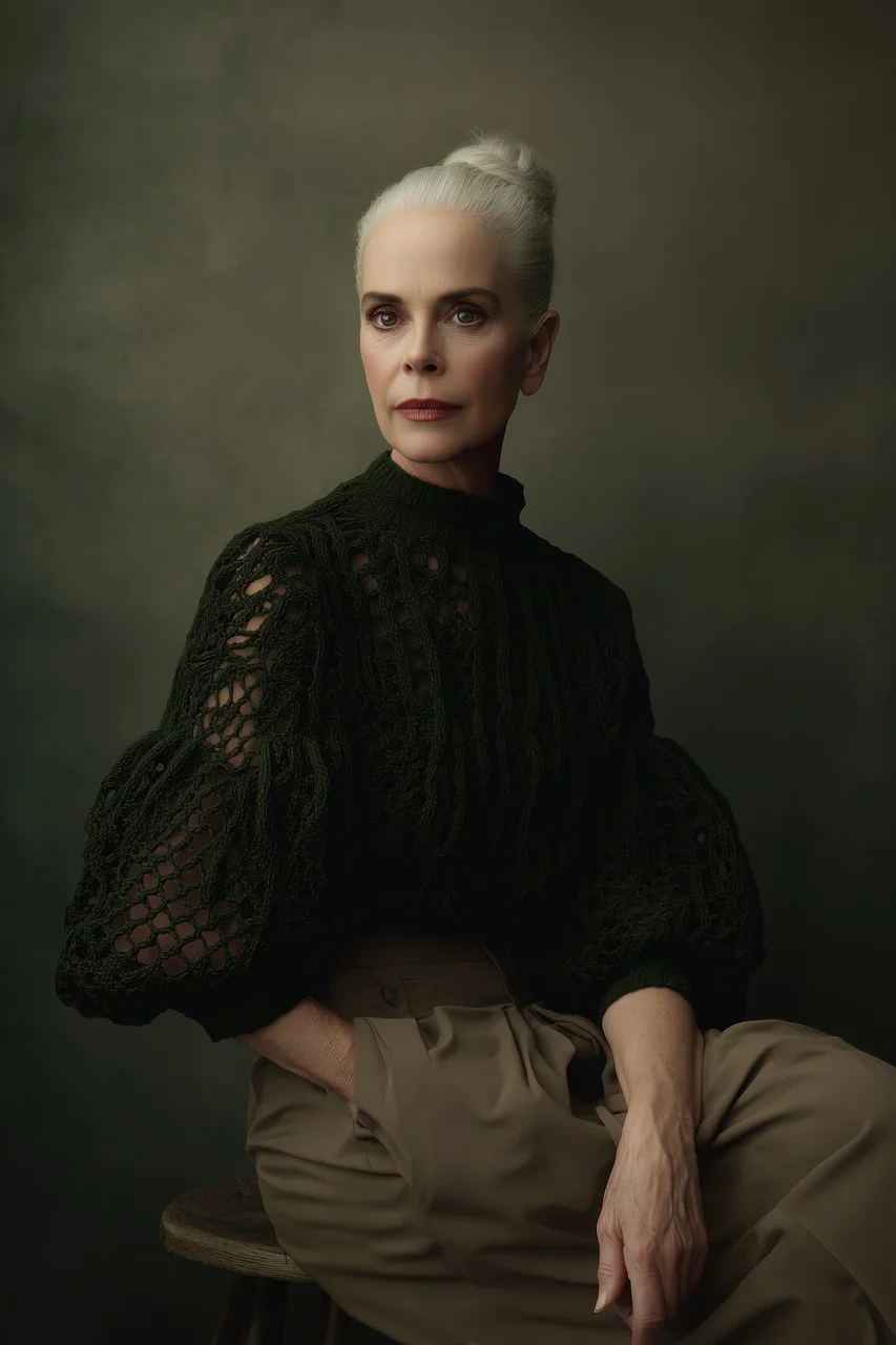 older woman, knit fashion, wool sweater, silver hair