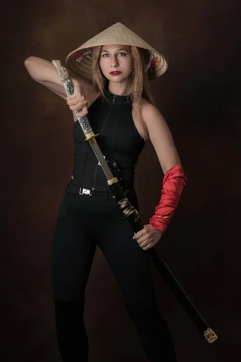 woman, hat, samurai sword, traditional
