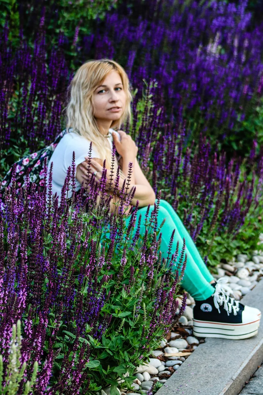 花、紫、若い女性、人々