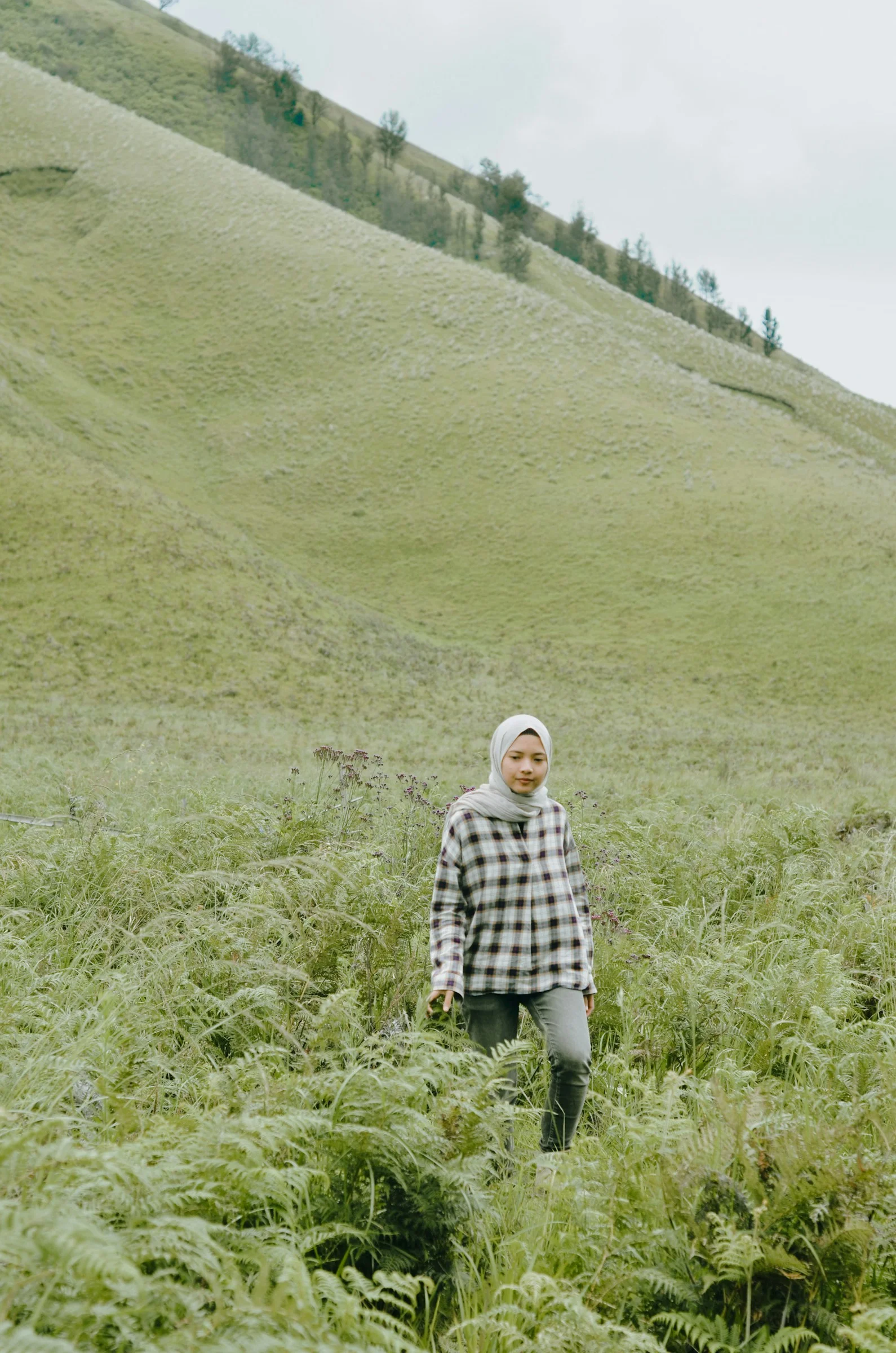 woman in gray and white plaid hoodie walking on green grass field during daytime