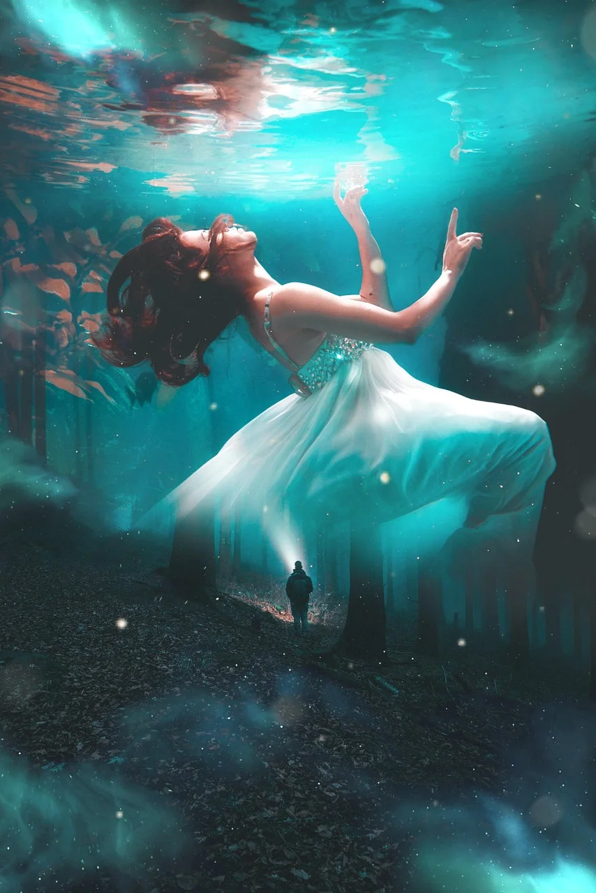 young woman, underwater, human, flashlight
