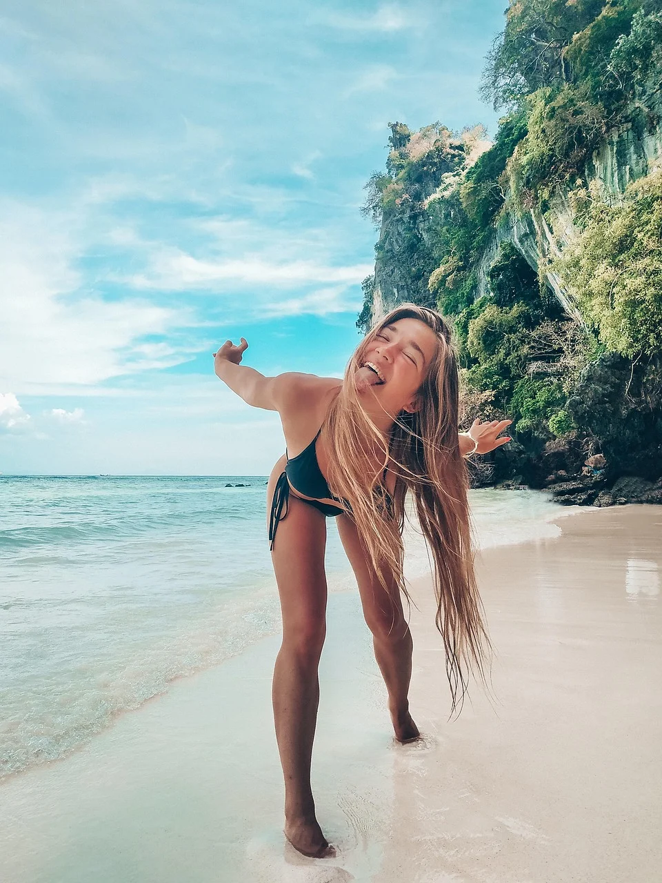 girl, swimsuit, beach, happy