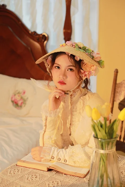 女孩, 花朵, 溫暖, 室內