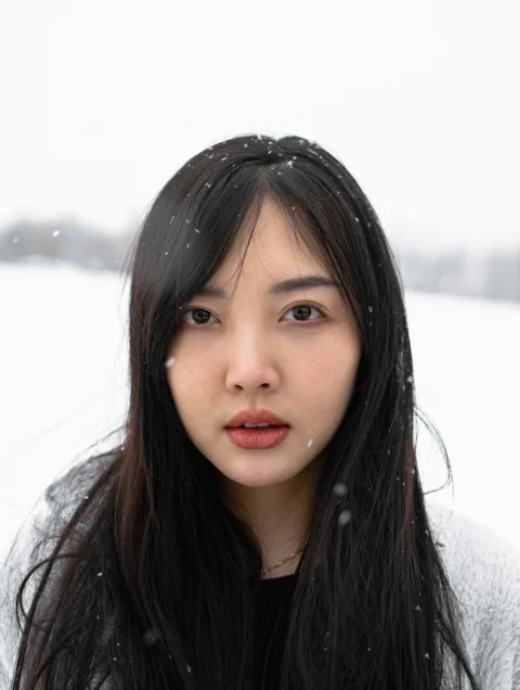 一个长黑发的女人站在雪中