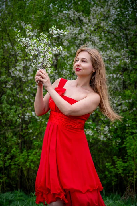 woman, red dress, blossoming, spring