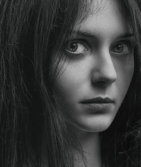 portrait, woman, expressionless, black and white