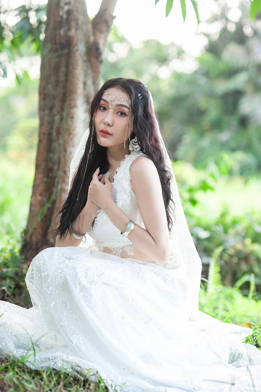 woman, beauty, dress, leaves