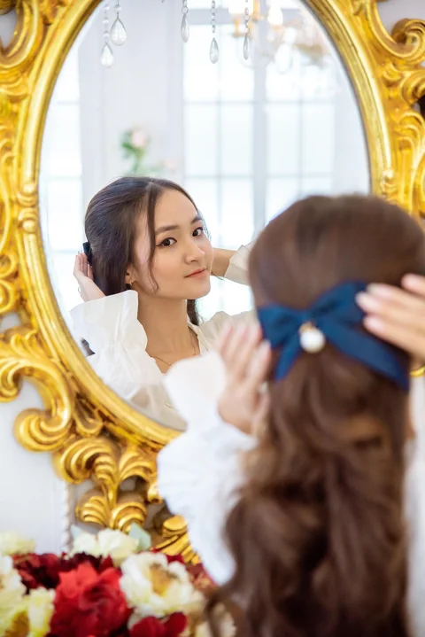 woman, model, mirror, bow
