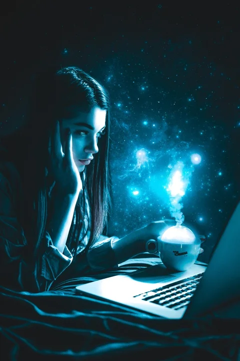 young woman, space, moon, notebook