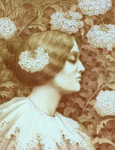 A woman with flowers in her hair and dress