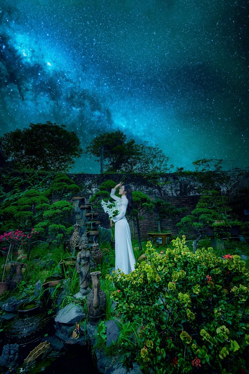 woman, ao dai, garden, night