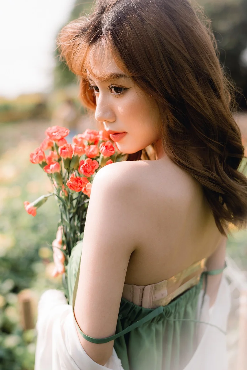 asian woman, garden, flowers, outdoors
