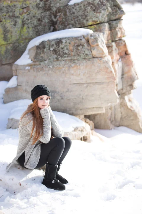 winter, rocks, redhead, snow