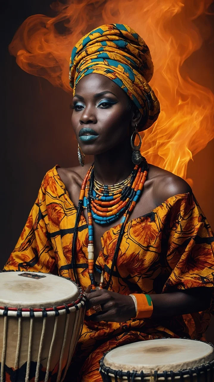 african woman, woman on fire, black women drumming, djembe drum