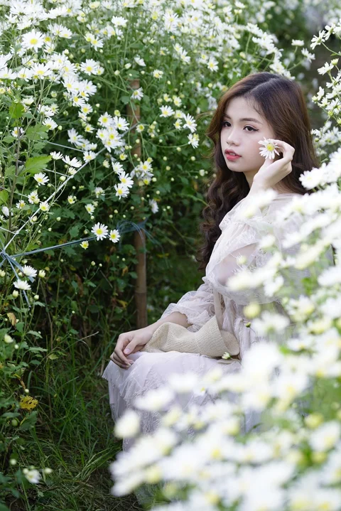girl, flowers, field, beauty