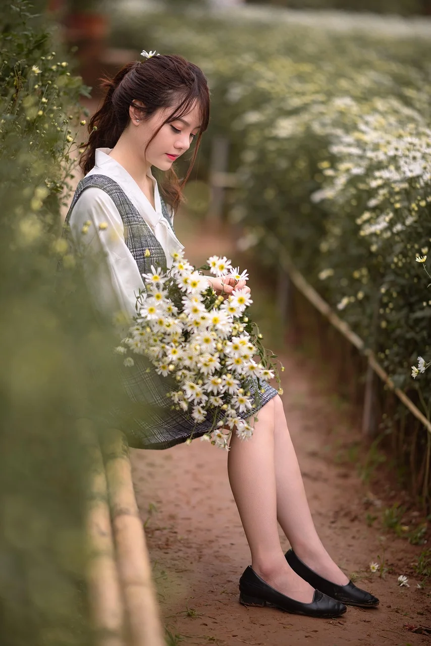 woman, flowers, path, trial