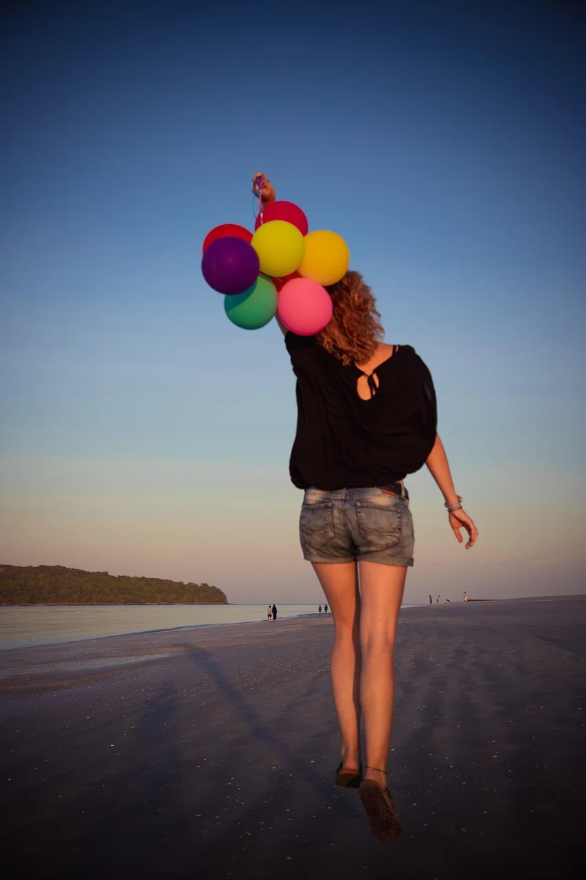 beach, woman, balloons, multicoloured