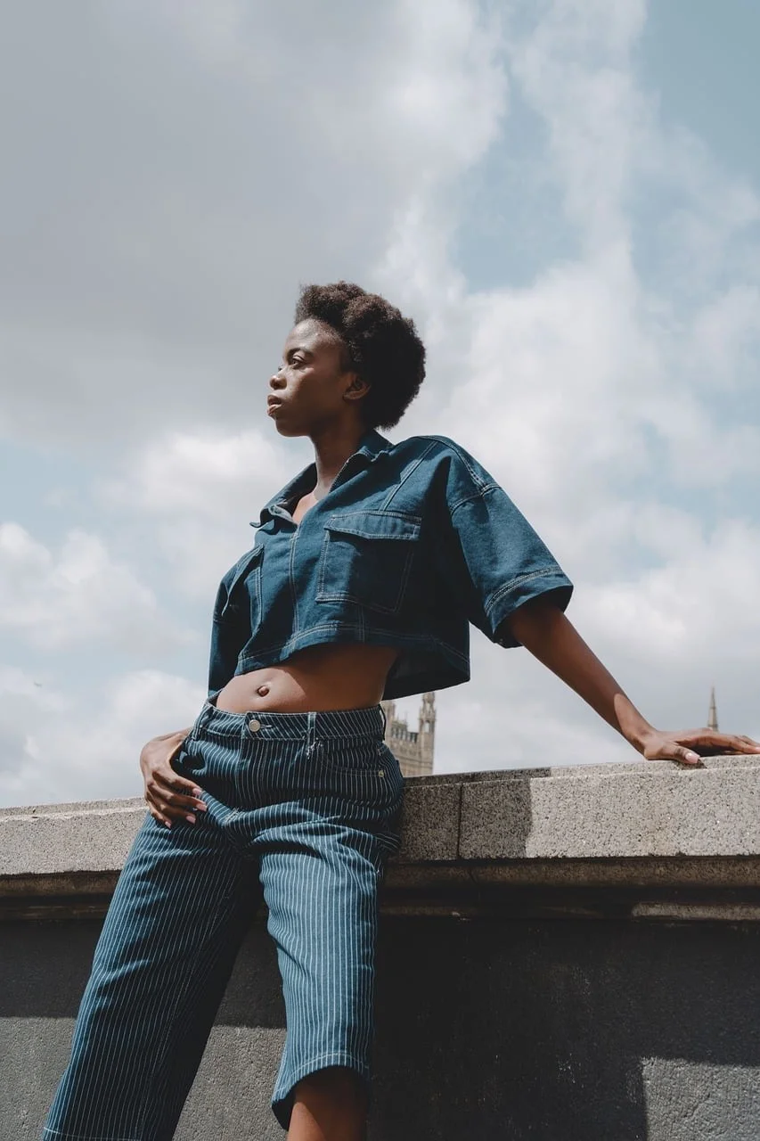 urban fashion, denim outfit, confident woman, street style