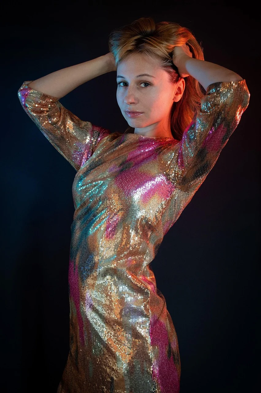 woman, sequins, dress, portrait