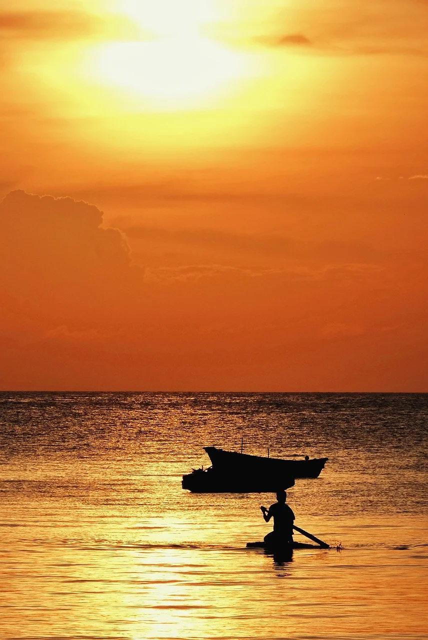 sunset, boat, sea, people