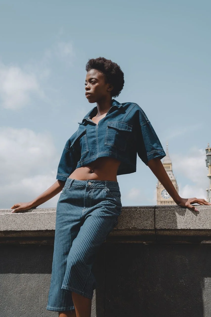 urban fashion, denim outfit, confident woman, street style