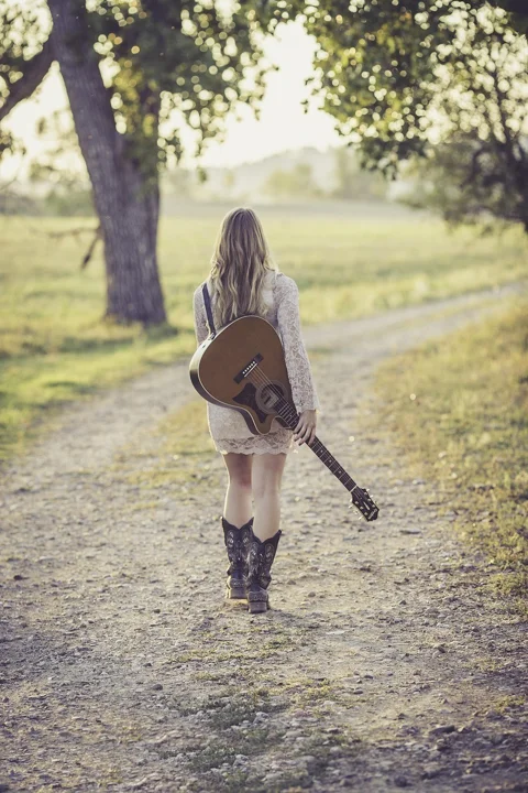 guitar, country road, female, young woman