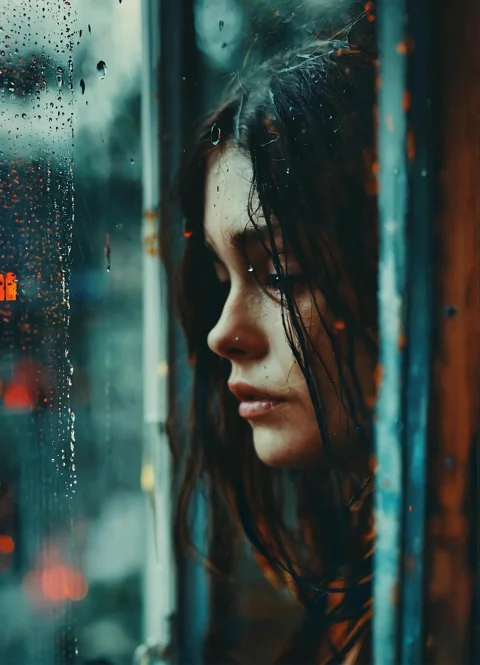 woman, rain, sad, model