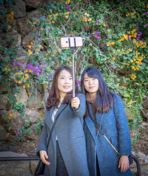 自拍, 女孩们, 微笑, 花朵