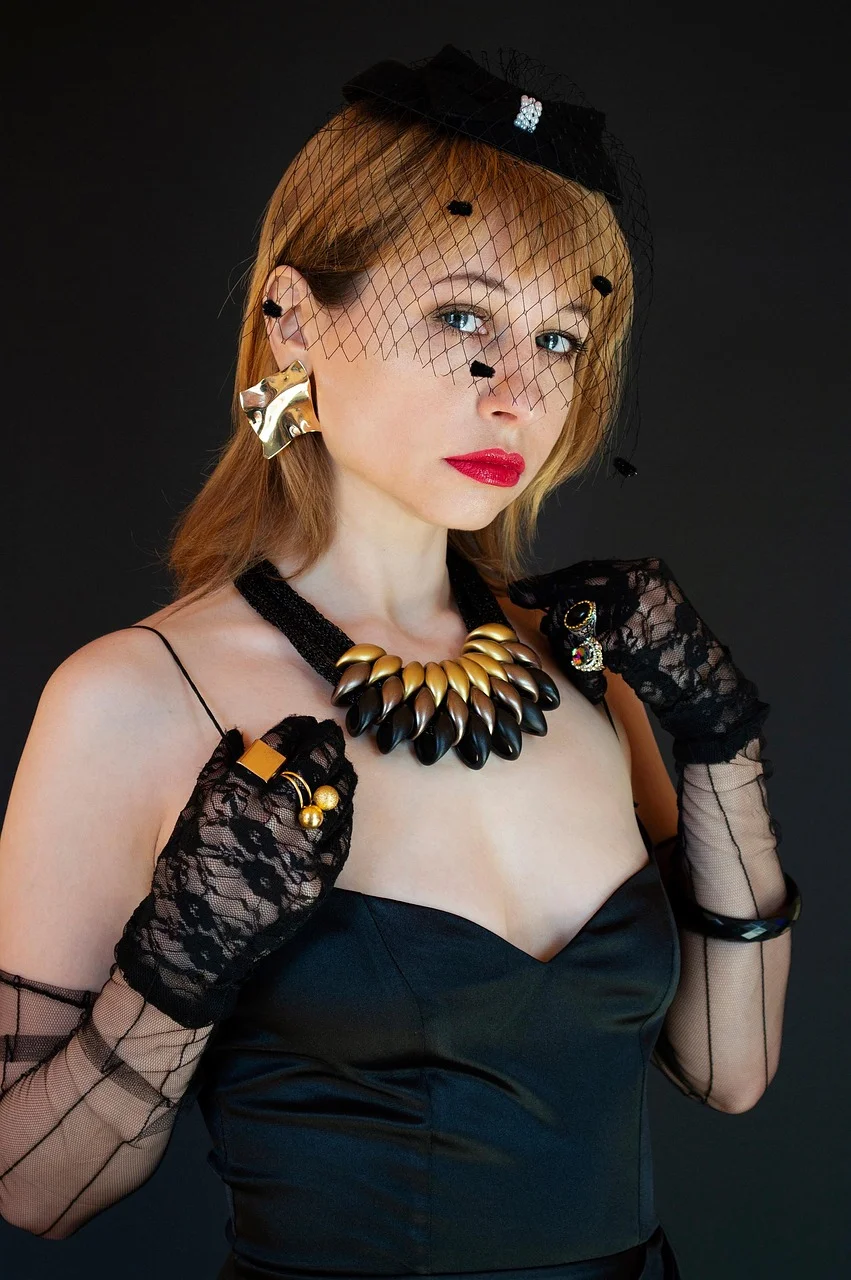 woman, veil, black dress, gold with black