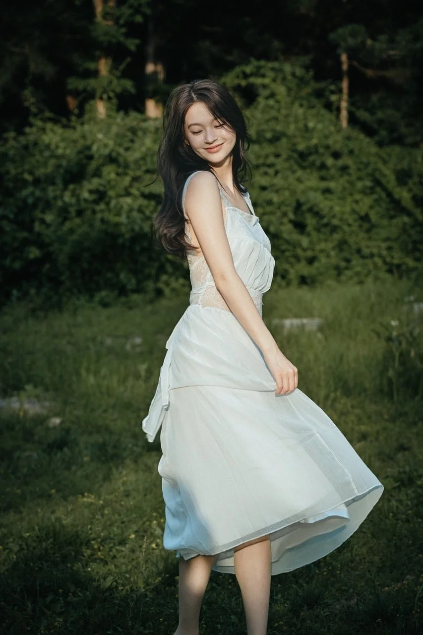 여성, 여름 원피스, 자연, 잔디