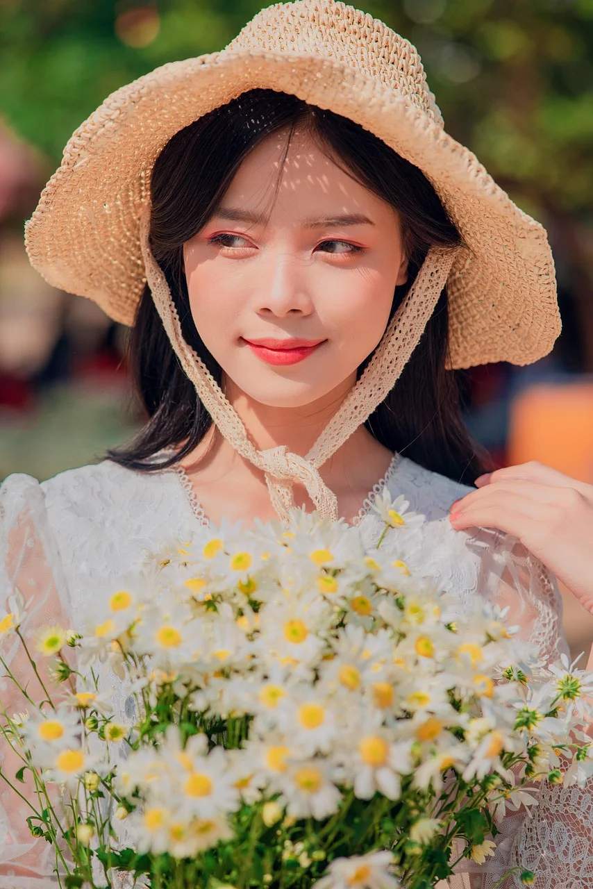 woman, flowers, chrysanthemums, hat