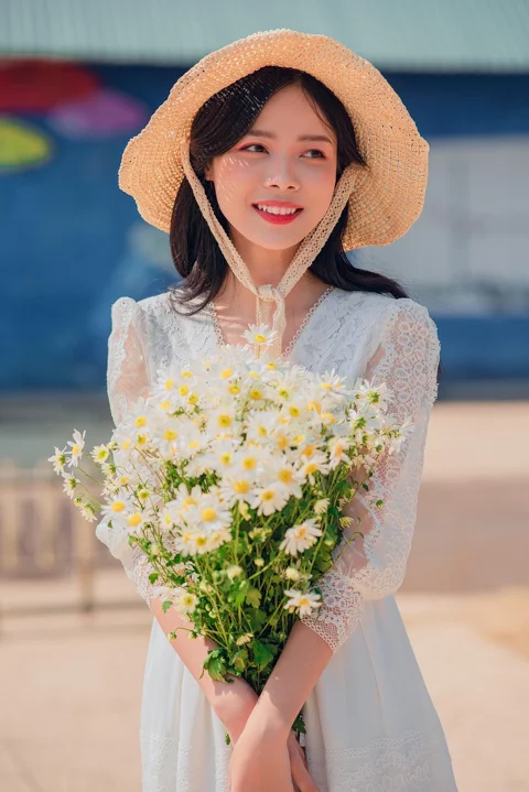 女子,花,菊花,帽子